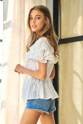 Davi & Dani Shirring V-Neck Ruffle Gingham Plaid Printed Top OutfitFlow